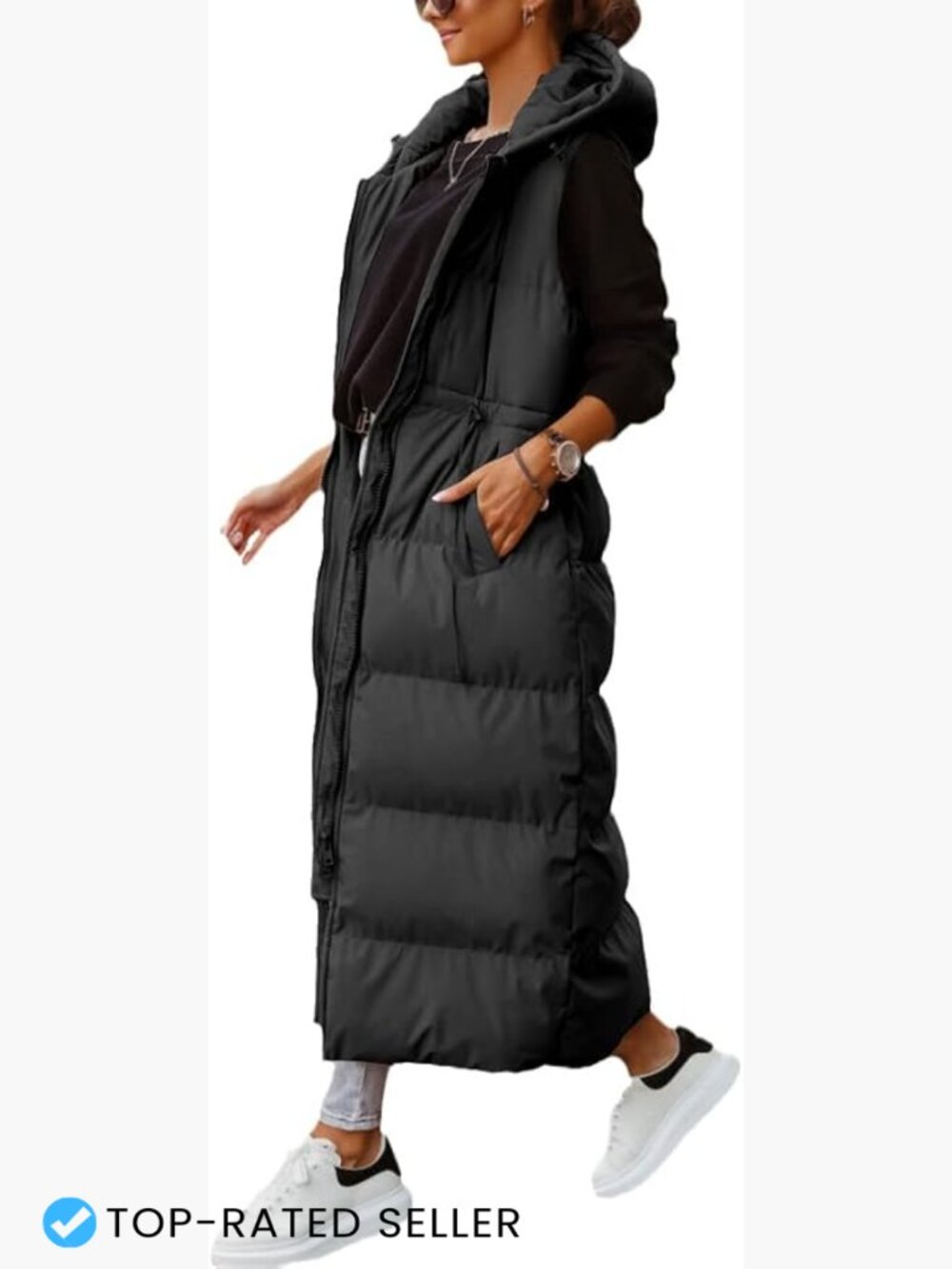 Long Quilted Hooded Maxi Puffer Vest Sleeveless Winter Layering Coat Chic
